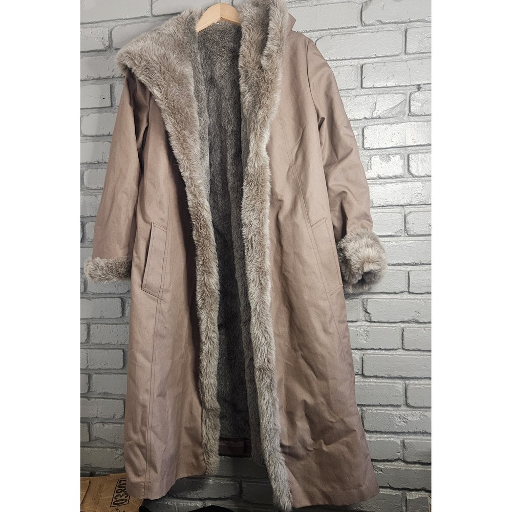 Vintage Womens Coat 16 Brown Faux Fur Hooded Wrap Long‎